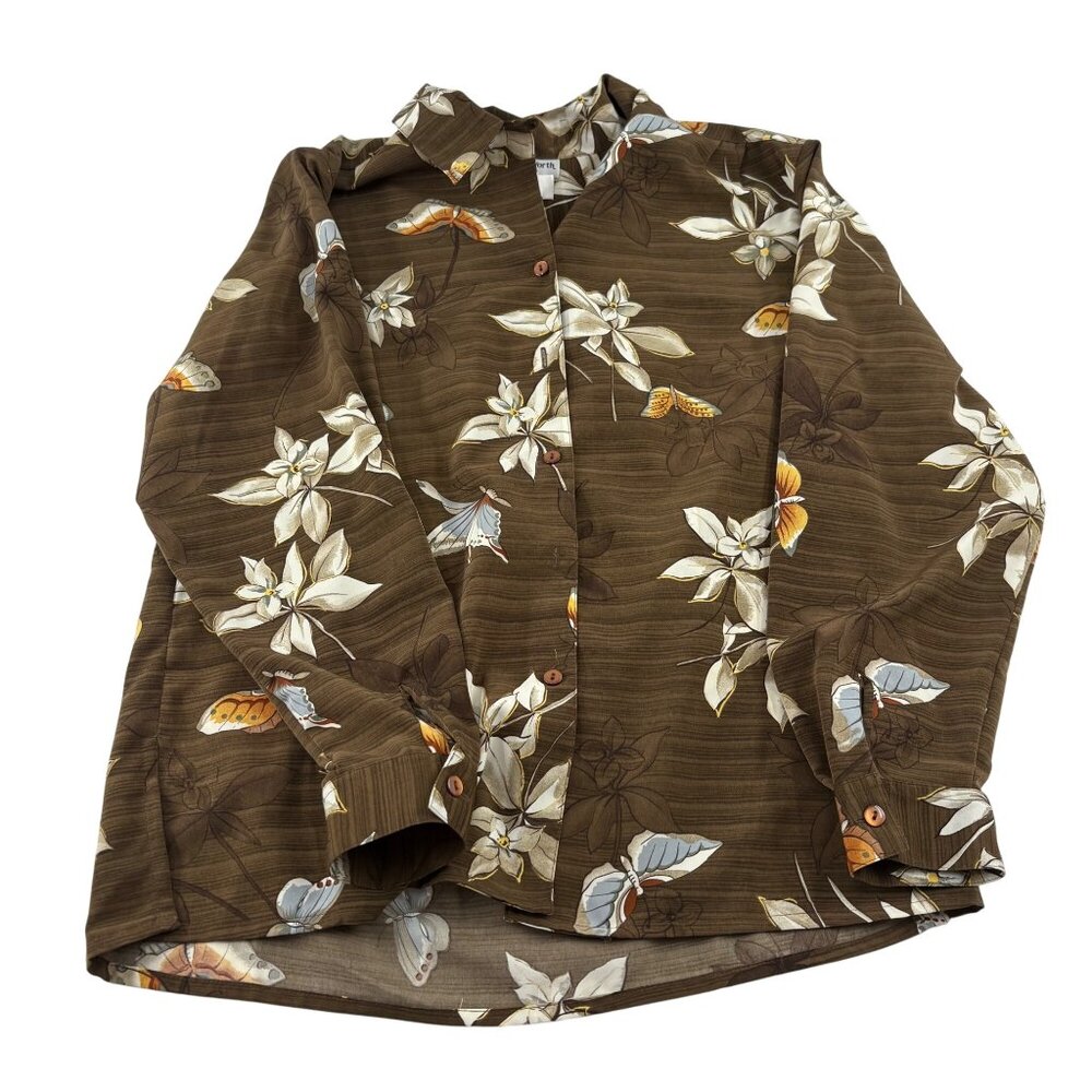 BonWorth Women's Brown Floral Print Button-Up Shirt Medium‎ Long Sleeve Vintage